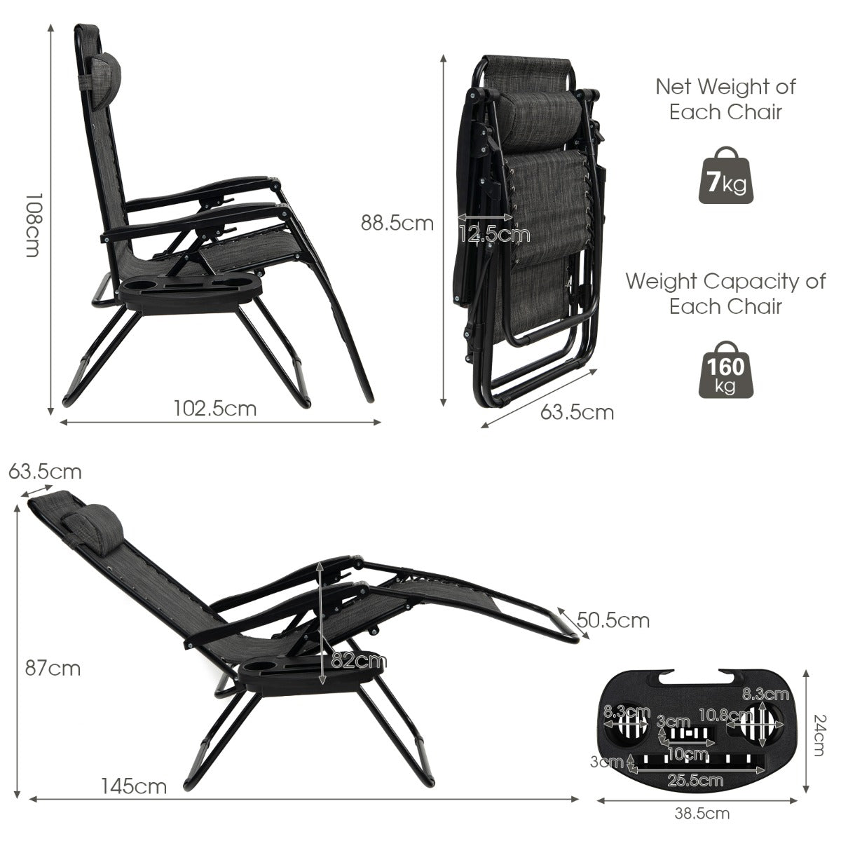 NNECW Patio Zero Gravity Lounge Chair with Cup Holder &amp Removable Pillow-Grey-2 pieces