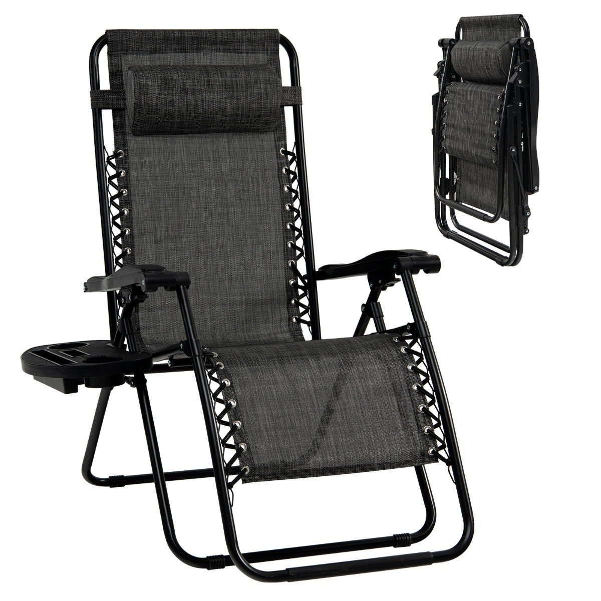 NNECW Patio Zero Gravity Lounge Chair with Cup Holder &amp Removable Pillow-Grey-2 pieces