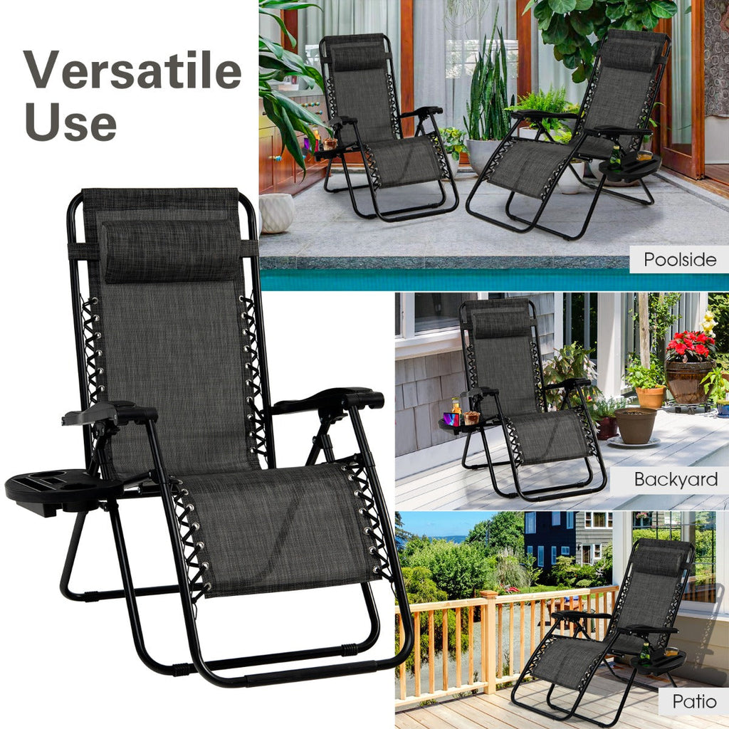 NNECW Patio Zero Gravity Lounge Chair with Cup Holder &amp Removable Pillow-Grey-2 pieces