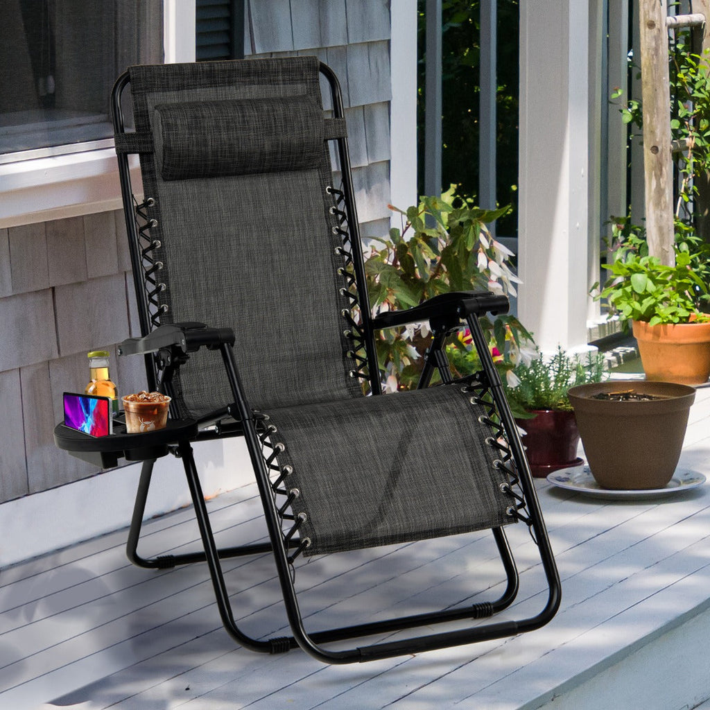 NNECW Patio Zero Gravity Lounge Chair with Cup Holder &amp Removable Pillow-Grey-2 pieces
