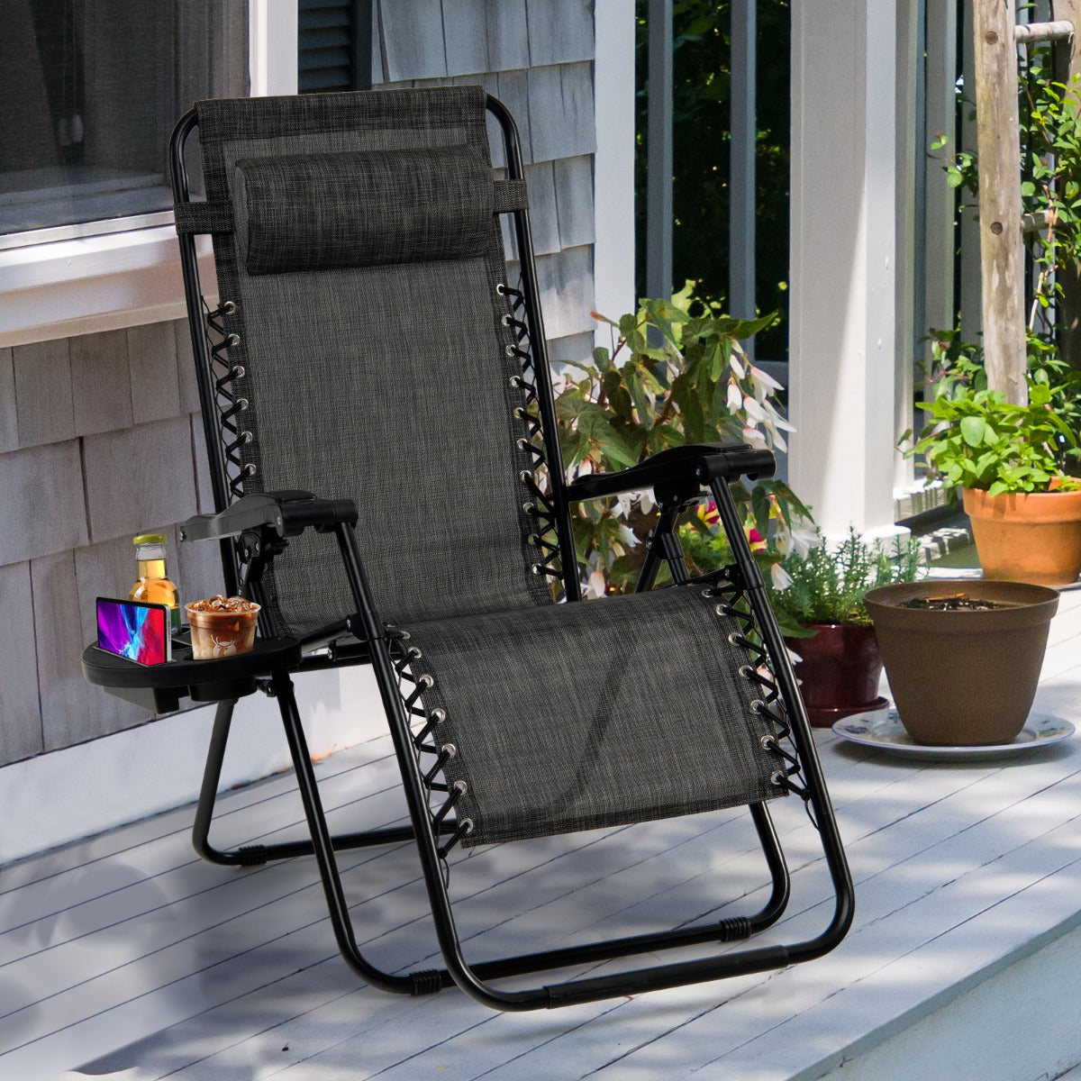 NNECW Patio Zero Gravity Lounge Chair with Cup Holder &amp Removable Pillow-Grey-2 pieces
