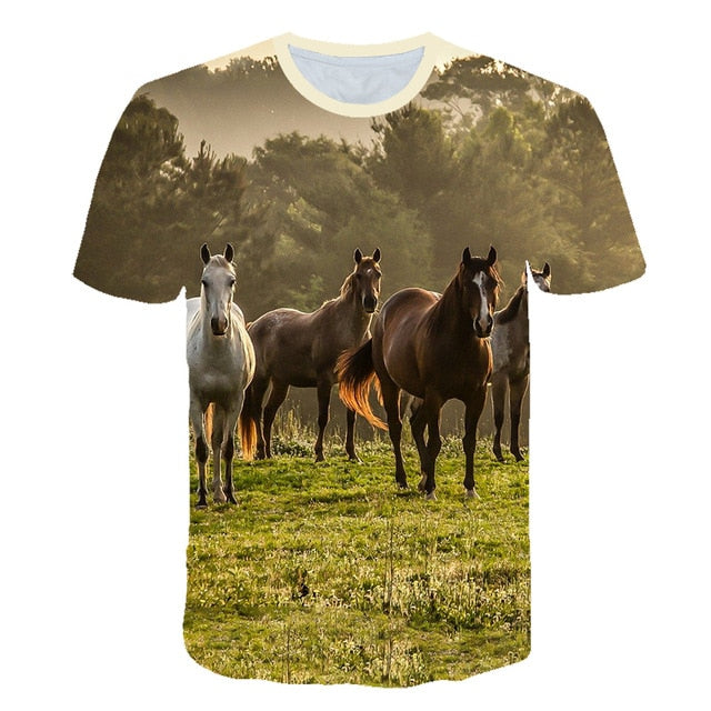 Men Streetwear Round Neck Short Sleeve Tees Tops Funny Animal Male Clothes Casual Run Horse 3D Print Tshirt
