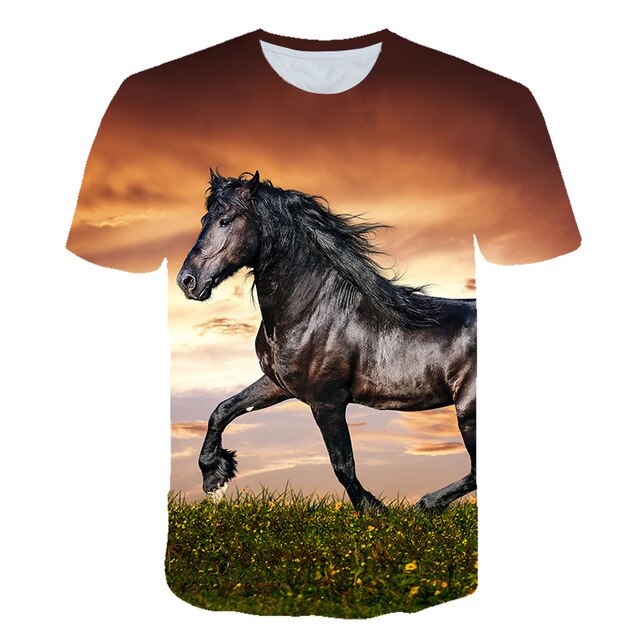Men Streetwear Round Neck Short Sleeve Tees Tops Funny Animal Male Clothes Casual Run Horse 3D Print Tshirt