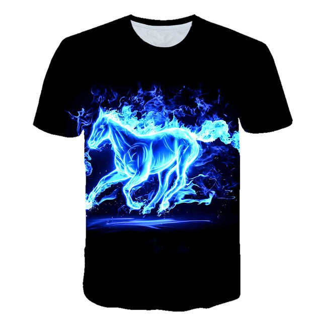 Men Streetwear Round Neck Short Sleeve Tees Tops Funny Animal Male Clothes Casual Run Horse 3D Print Tshirt