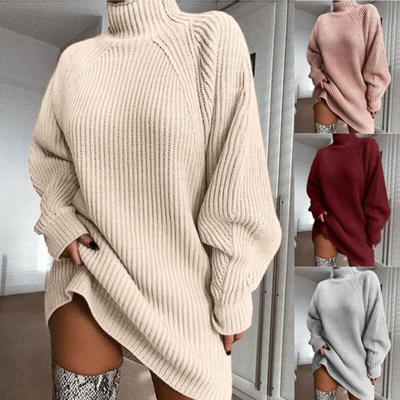 Turtleneck Long Sleeve Knitted Sweater Dress