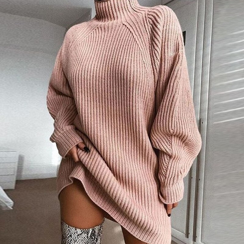 Turtleneck Long Sleeve Knitted Sweater Dress